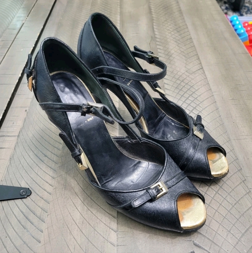 Vintage Fendi Black Leather Peep Toe Pumps with Gold Buckle Detail EU Size 36.5